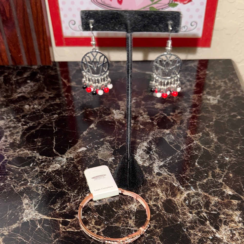 Silver and Red Dangle Earrings and bracelet